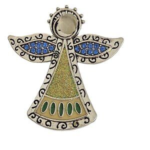 Vintage Kenneth Cole Style Angel Brooch Blue Rhinestone Glitter Enamel Brooch